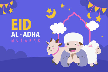 Holy Eid Al Adha Mubarak Cute Banner Cartoon doodle. Islamic and Arabic Greeting flyer for Muslim Community Festival graphic print Vector