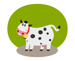 Smiling dairy cow with bell and behind colorful green and brown decoration - vector