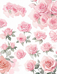 Watercolor roses seamless pattern. Hand painted watercolor flowers on white background.Watercolor Pink Roses - Captivating Floral Artwork.Generative AI illustration