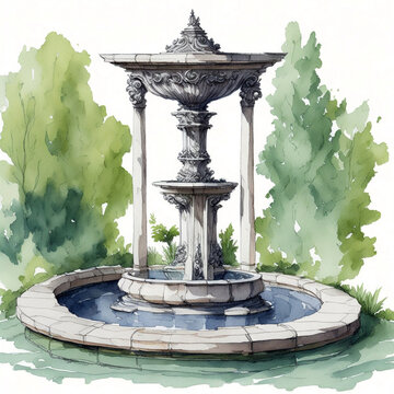 Watercolor drawinf of antique fountain created with generative AI technology