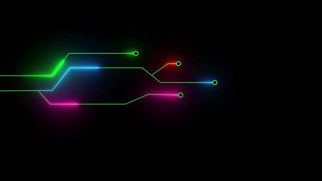 Neon lines drawn by colorful  spots create an abstract image of a circuit board animated  