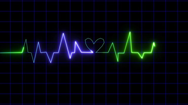 Neon heart beat line, EEG and ECG. fast rhythm heart beat animated