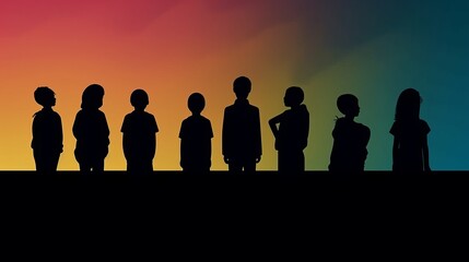 HAPPY CHILDREN SILHOUETTES ON SUNSET BACKGROUND. GENERATIVE AI.