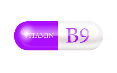 Capsule vitamin B9 (Thiamine) 3D Vector Illustration. Cut out PNG. Structure purple, white. Vitamin complex with chemical formula. Drug business concept. Personal care, beauty. transparent pill.	