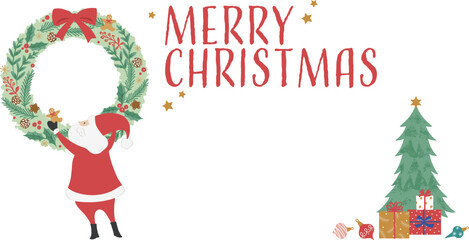 クリスマスリースを飾るサンタクロースのイラスト-カラー