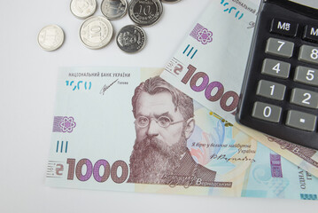 calculator and hryvnia. Ukrainian money