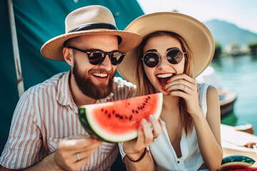 Young man and woman on the beach eating watermelon , Couple travel vacation in summer time , Created with generative AI - obrazy, fototapety, plakaty