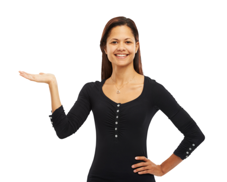 Hand, offer and portrait of business woman isolated on transparent png background in choice or presentation. Decision, show and professional latino person with palm for why, question or giving sign