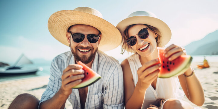 Young man and woman on the beach eating watermelon , Couple travel vacation in summer time , Created with generative AI