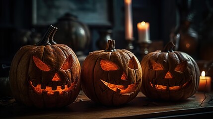 Fototapeta premium Halloween lantern pumpkins. Generative AI
