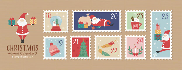切手風アドベントカレンダーのイラスト-3 - obrazy, fototapety, plakaty