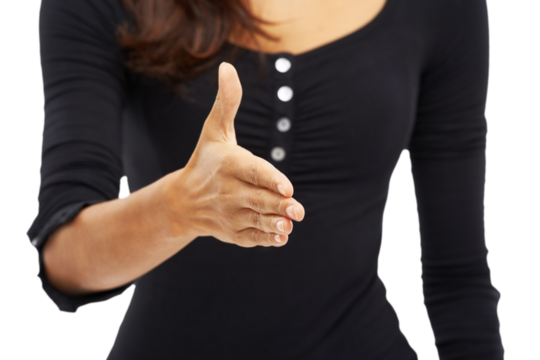 Closeup, hand shake and agreement, trust and woman, meeting and hello isolated on transparent png background. Congratulations, thank you and introduction, welcome and communication with female person - Powered by Adobe