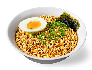 Hot Warm Homemade Traditional Japanese Chicken Ramen Noodle Soup on a Clean White Background Generative AI