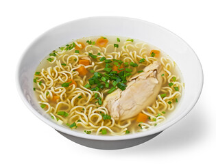 Hot Warm Homemade Traditional Chicken Noodle Soup  Healthy Food and on a Clean White Background Generative AI
