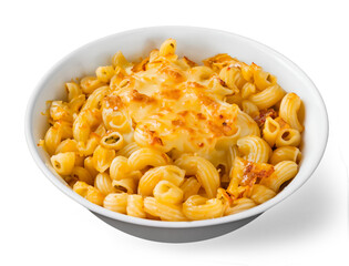 Hot and Warm Homemade Traditional Cooked Macaroni and Cheese, Kids or Adult Food on a Clean White Background Generative AI