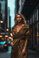 Obraz premium Blond woman wearing long coat in the street. Generative AI