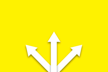 Three way direction white paper arrow sign on yellow background. Concept for decision, challenge, choice and direction, copy space for the text. shadow overlay. illustration paper cut design style.