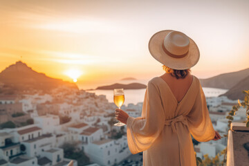 Greek Island vacation, Woman in hat looking the sunset holding a glass of champagne view from back