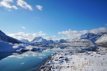 Beautiful scenery of snow mountain during winter season at Norway, Europe. 