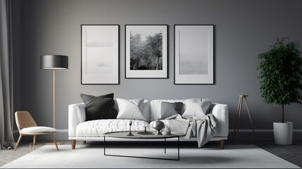 Fototapeta na wymiar Elegant Simplicity: Modern Scandinavian Living Room with Focal Point Picture Frame generative AI