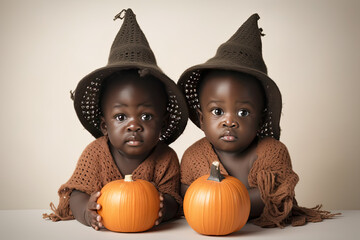 Two Black American childs in Halloween costumes with pimpkins isolated on white background. Generated Ai