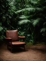 Fototapeta premium leather sofa armchair and rainforest plant soft Cinematic daylight generative ai illustration art