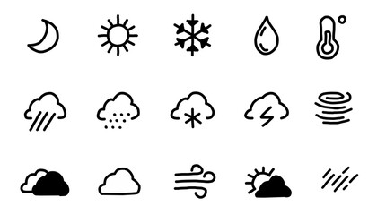 set of icons of weather, wind, thunder, rain, and more. doodle style vector.