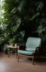 Fototapeta premium leather sofa armchair and rainforest plant soft Cinematic daylight generative ai illustration art