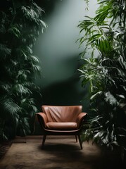 Fototapeta premium leather sofa armchair and rainforest plant soft Cinematic daylight generative ai illustration art
