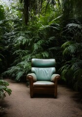 leather sofa armchair and rainforest plant soft Cinematic daylight generative ai illustration art