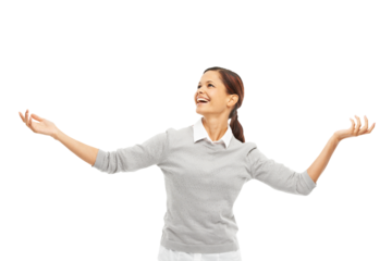 Dance, freedom and excited woman with energy moving to music, album or playlist with confidence. Celebration, happy and female model dancing with smile to radio isolated by transparent png background