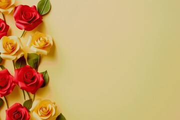 bouquet of roses with copyspace on yellow backspace, note space, love concept