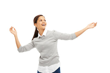 Dance, excited and woman with energy, confidence and happiness moving to music or playlist. Celebration, smile and female model dancing to radio, song or album isolated by transparent png background.