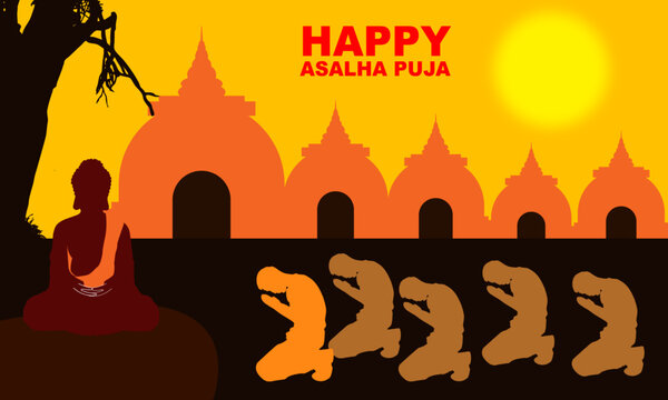 people praying to buddha sitting under bodhi tree with background of buddhist temples in Thailand to commemorate Asalha Puja in July
