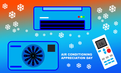 illustration of a complete air conditioner machine and air conditioner remote control and bold text commemorating AIR CONDITIONING APPRECIATION DAY
