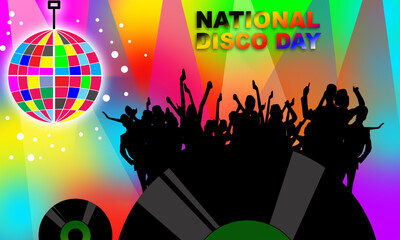 discotheque lights or disco lights with silhouettes of people discotheque and DJ black plate and discotheque highlight lights. commemorate National Disco Day on July 2
