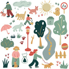 Big icons hand drawn set with walking dogs and people pets love