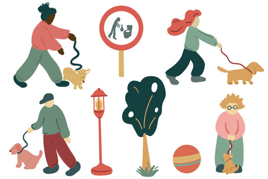 Characters and clean up after dogs hand drawn set