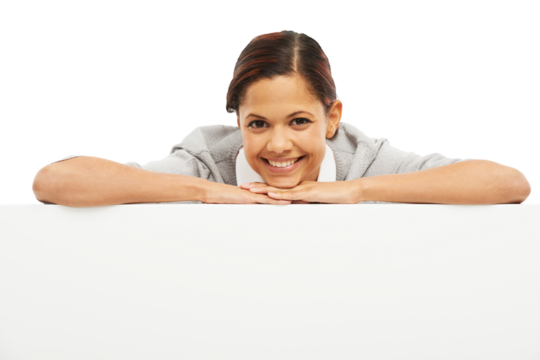 Business man, poster mockup and portrait for advertising job opportunity, news and announcement on wall. Happy face, professional person and presentation space isolated on transparent, png background