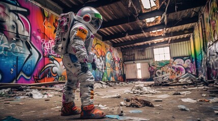 spaceman walking in abandon warehouse painted graffiti on wall, Generative Ai