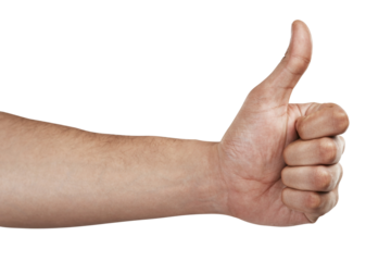 Thumbs up, yes and success with hand of person on transparent background for winner, achievement and approval. Agreement, motivation and like emoji with closeup of man isolated on png for thank you