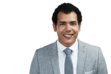 Face, business man and happy accountant isolated on a transparent png background. Portrait, entrepreneur and professional auditor in suit from Brazil with pride for career, job or success mindset.