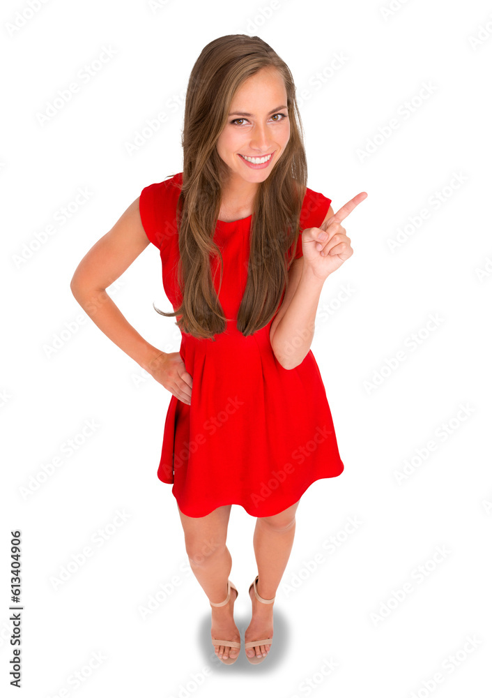 Sticker Fashion, dress and portrait of a woman pointing for marketing, advertising or product placement. Happy, smile and full body of a female model with classy style isolated by transparent png background.