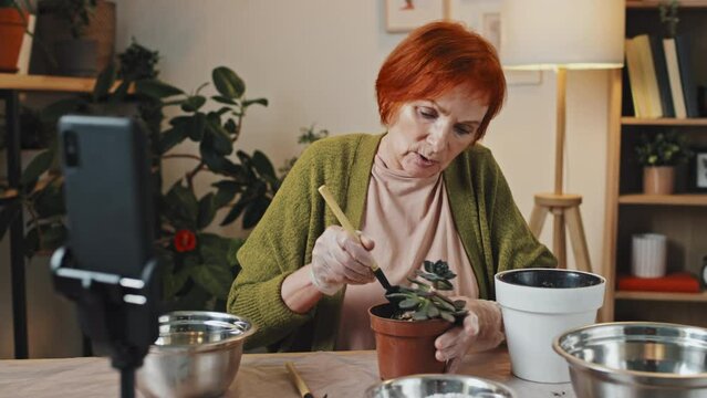 Panning right medium closeup of senior woman with red hair sitting at table making vlog taking plant out of pot