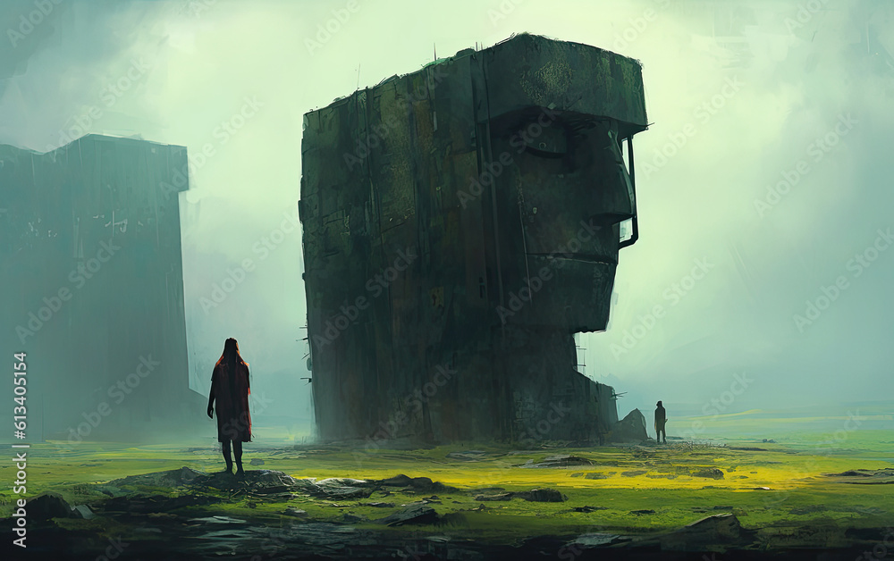 Canvas Prints the moai face stone at the island with the foggy weather. generative ai.