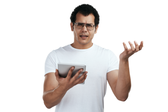 Doubt, confused and portrait of man with tablet on isolated, PNG and transparent background with problem. Digital tech, frustrated and male person with online glitch, scam email and internet error