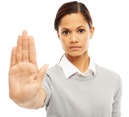 Serious woman, portrait and face with hand in stop or halt isolated on a transparent PNG background. Female person with hands in wait, sign or gesture for protection, defense or prohibition protest