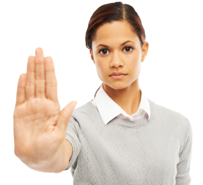 Serious woman, portrait and face with hand in stop or halt isolated on a transparent PNG background. Female person with hands in wait, sign or gesture for protection, defense or prohibition protest