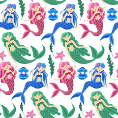 Fototapeta premium Seamless children's pattern with cute colored mermaids and sea elements. Pink, green, blue is the main color. Seashell, starfish, seaweed. Cartoon background. Ideal for fabric, textiles, packaging