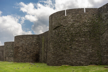 facade of the outer wall of a medieval castle made of stones, surrounded by lawns with birds on it....
